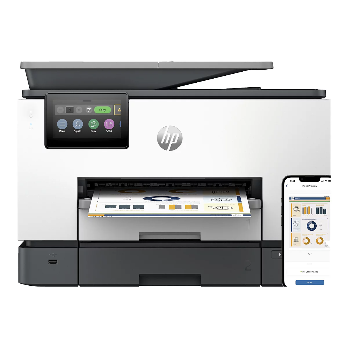 Ein weiß-grauer HP Drucker mit Touchscreen, auf dem Optionen wie „Menü“, „Kopieren“ und „Scannen“ angezeigt werden. Im Drucker liegt ein Blatt Papier mit Diagrammen.