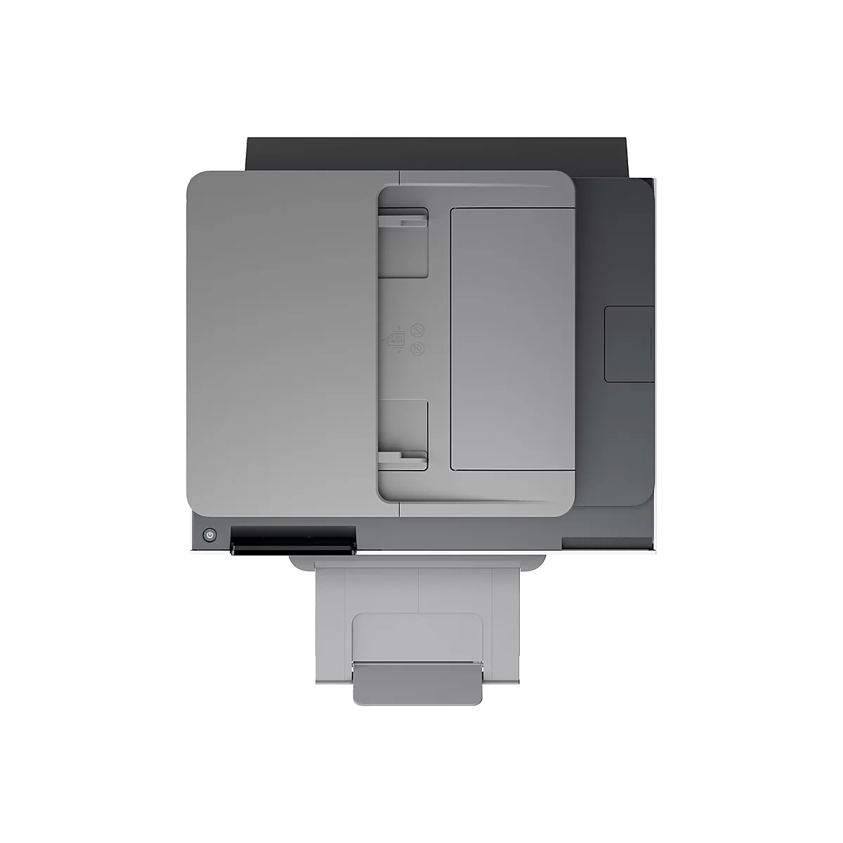 Draufsicht auf einen grauen Drucker mit schwarzem Element, weißer Hintergrund.