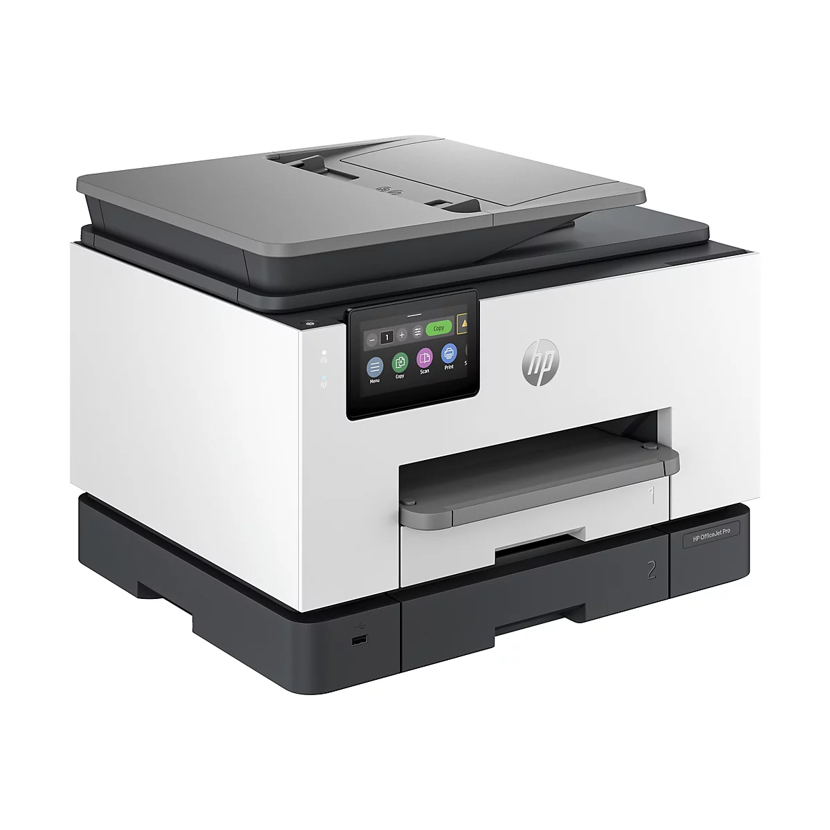Ein weiß-grauer HP OfficeJet Pro Drucker mit Bedienfeld und Logo.