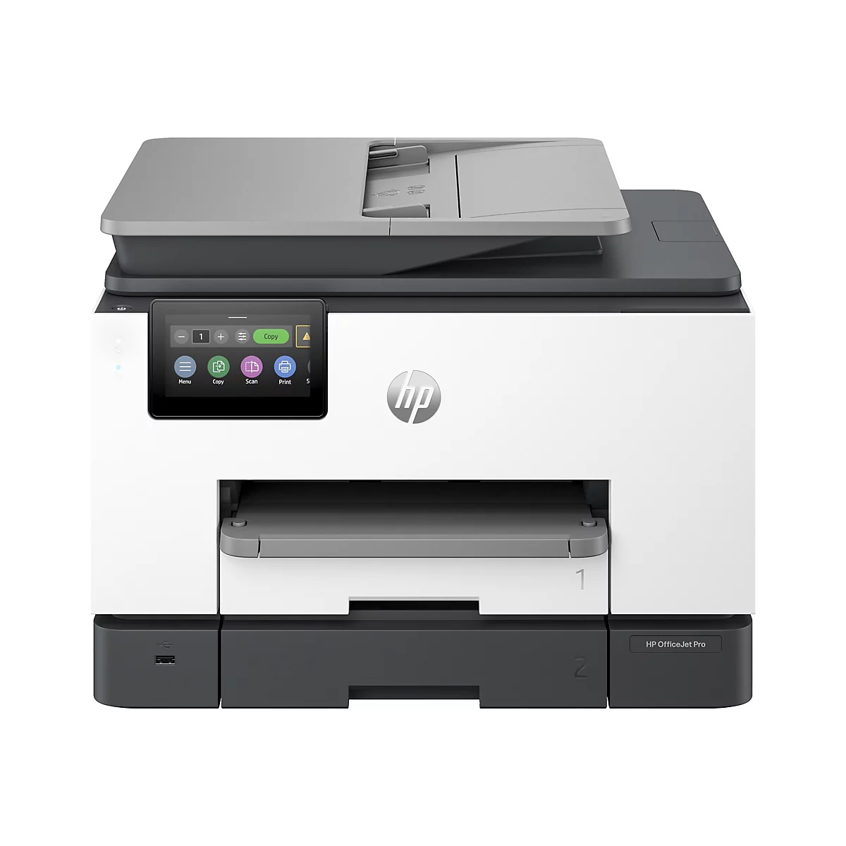 Ein weiß-grauer HP OfficeJet Pro Drucker mit Touchscreen-Bedienfeld. Der Drucker ist auf weißem Hintergrund zentriert.