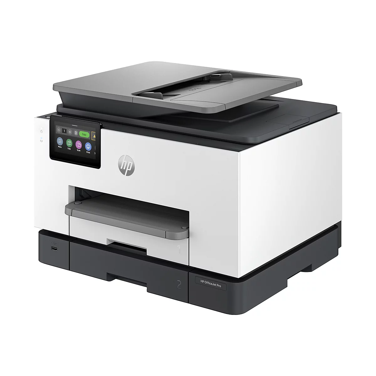 Ein weiß-schwarzer Drucker mit Touchscreen und HP Logo. Auf dem Bedienfeld sind Tasten für Kopieren, Scannen und Drucken abgebildet.