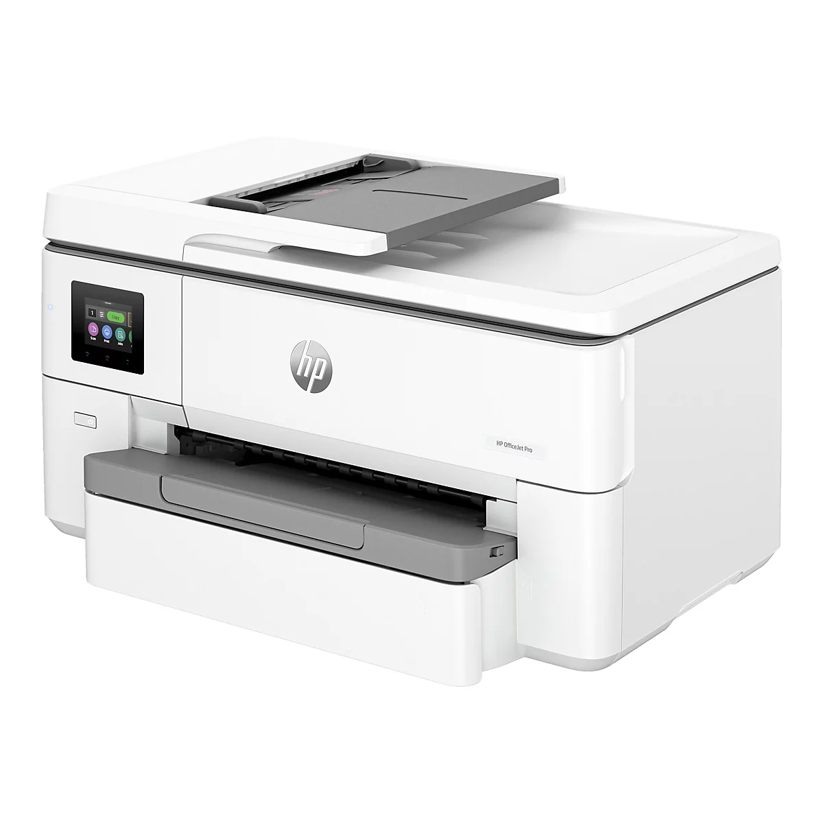 Ein weißer HP OfficeJet Pro Drucker, Vorderansicht. Oben ein grauer Scanner, darunter ein Touchscreen. Aufgedruckt: HP Logo.
