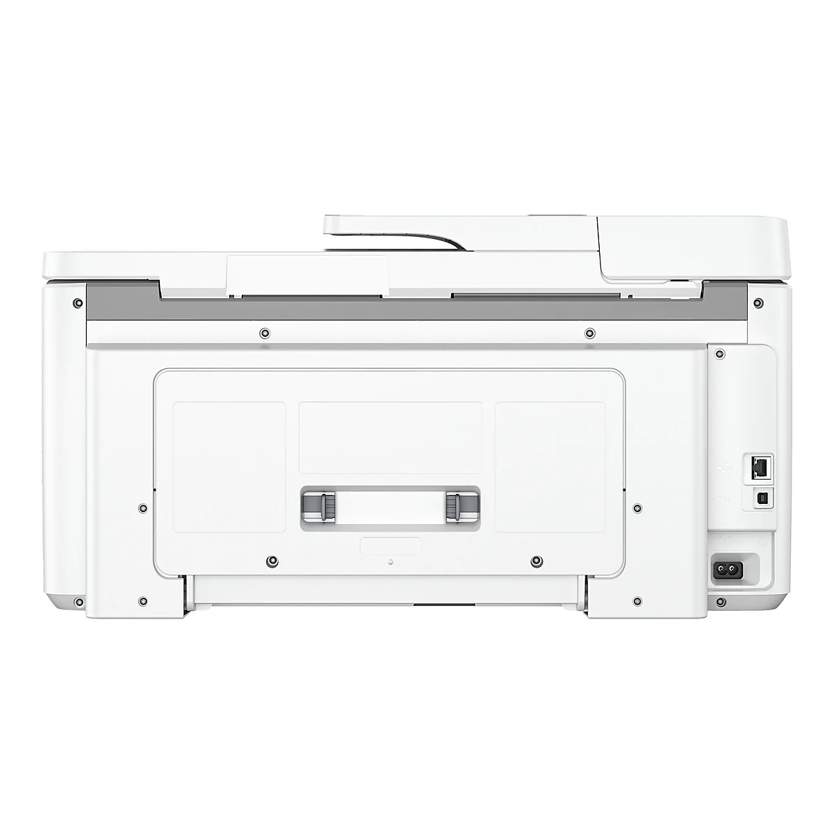 Draufsicht auf einen weißen Drucker. Rückseite, mit Anschlüssen und einigen Schrauben. Auf weißem Hintergrund.