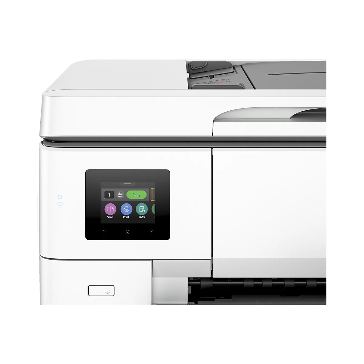 Weißer Drucker mit Touchscreen. Auf dem Bildschirm sind Funktionen wie Scannen, Drucken und Kopieren sichtbar.