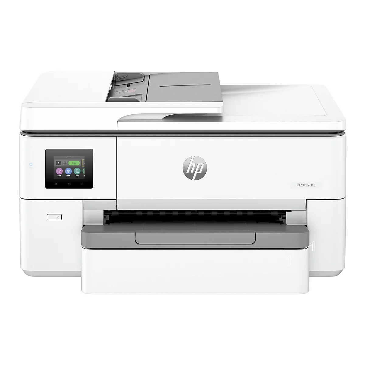 Ein weißer HP OfficeJet Pro Drucker vor weißem Hintergrund. Auf dem Gerät ist ein Touchscreen mit Funktionen wie Scannen, Drucken und Kopieren zu sehen.
