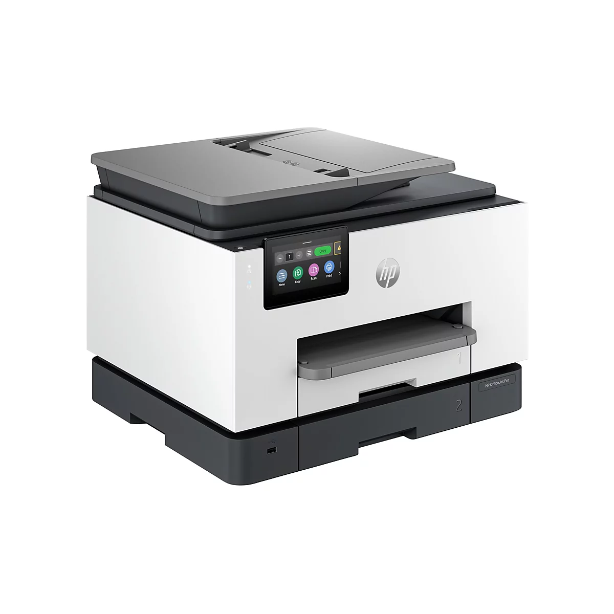 Imprimante HP OfficeJet Pro blanche et noire avec écran tactile et couvercle ouvert.