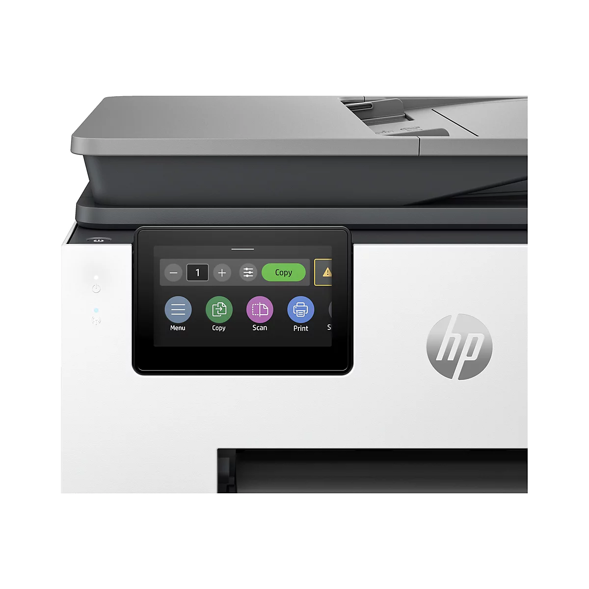 Gros plan sur une imprimante HP, avec le panneau de commande. Le panneau affiche des options telles que copier, numériser et imprimer. Le logo HP est visible sur la droite.