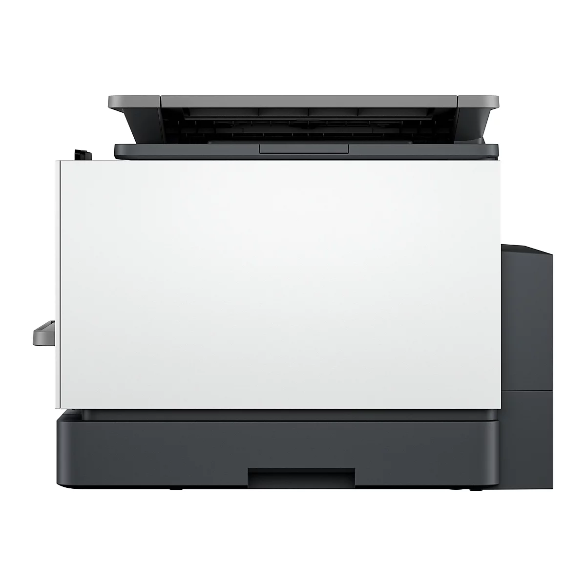 Une imprimante multifonction sur fond blanc. L'imprimante a une façade blanche et des éléments gris et noirs.