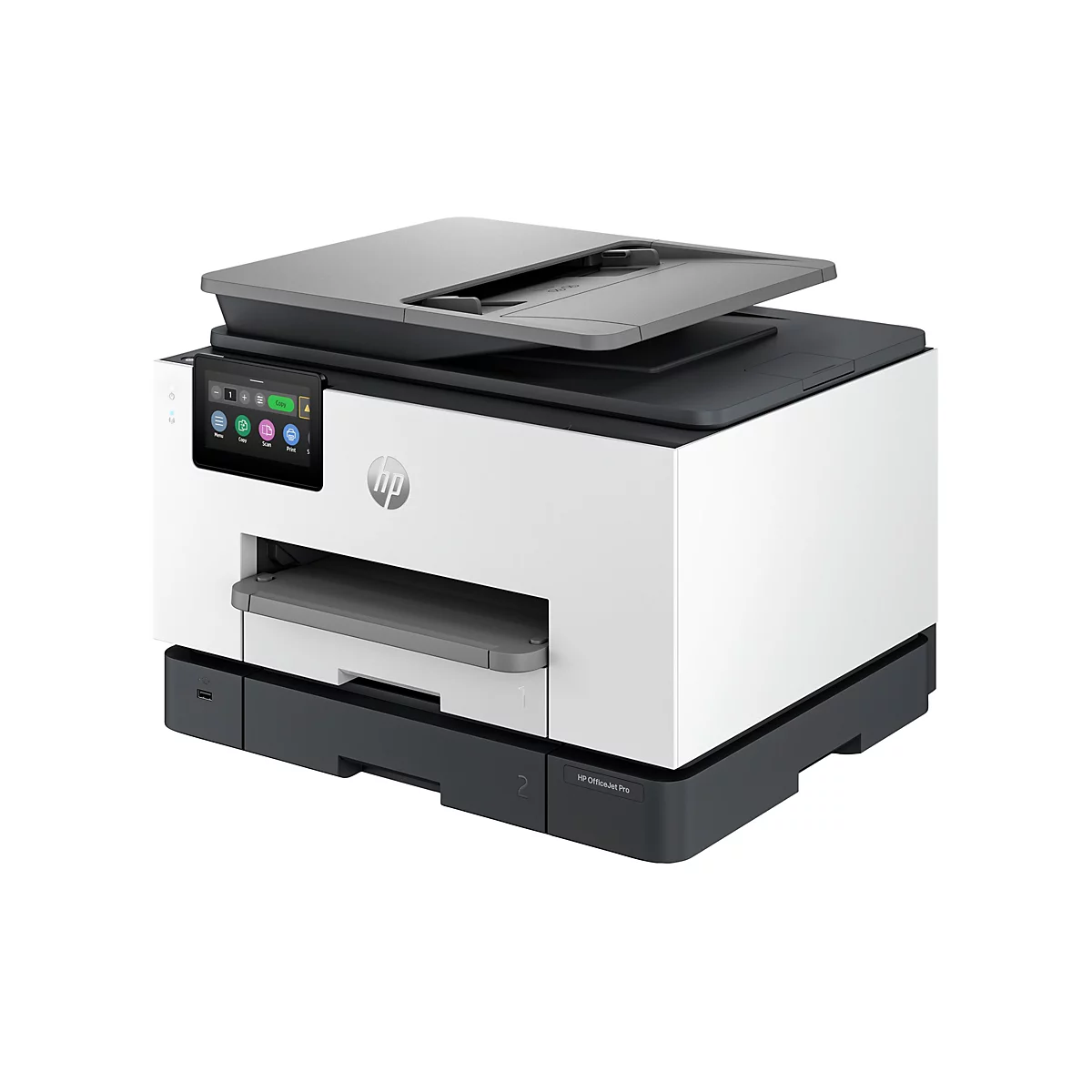 Une imprimante HP OfficeJet Pro blanche et grise, avec le couvercle ouvert. A l'avant se trouve un écran tactile.