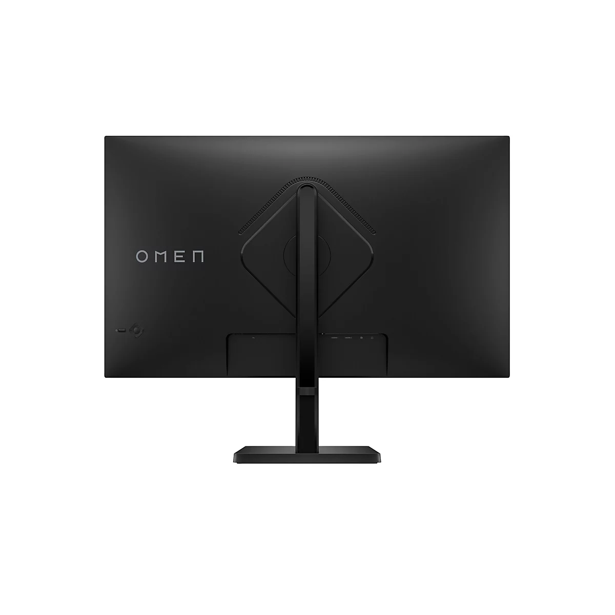 Die schwarze Rückseite eines Omen Gaming-Monitors auf einem Standfuß vor weißem Hintergrund.