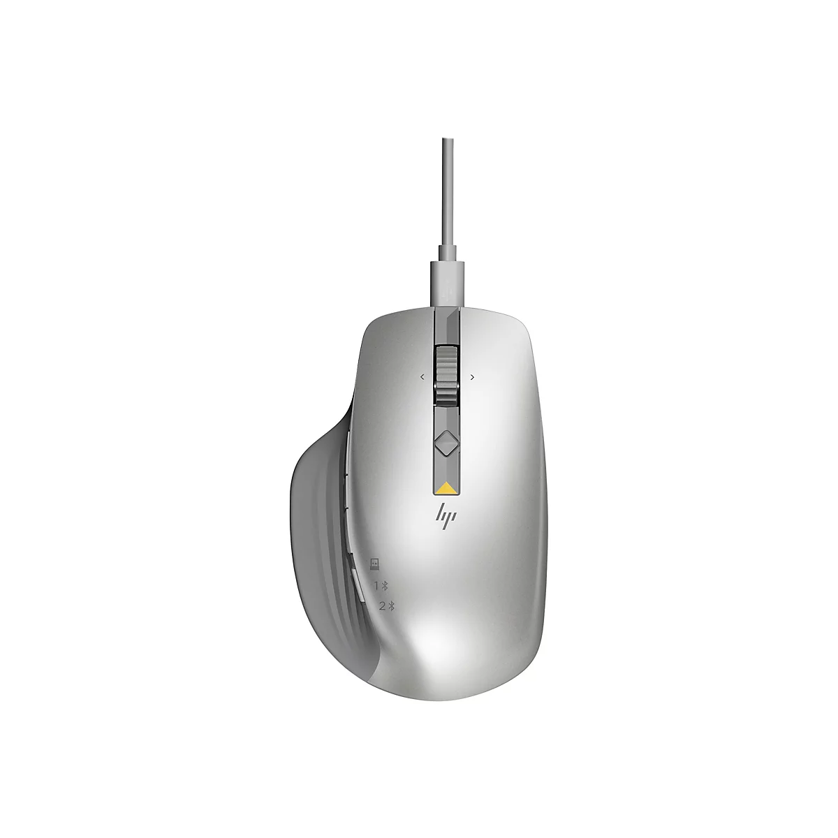 Hellgraue HP-Computermaus mit Kabel und seitlicher Daumenauflage. Ein Scrollrad und eine HP-Logo sind zu sehen.