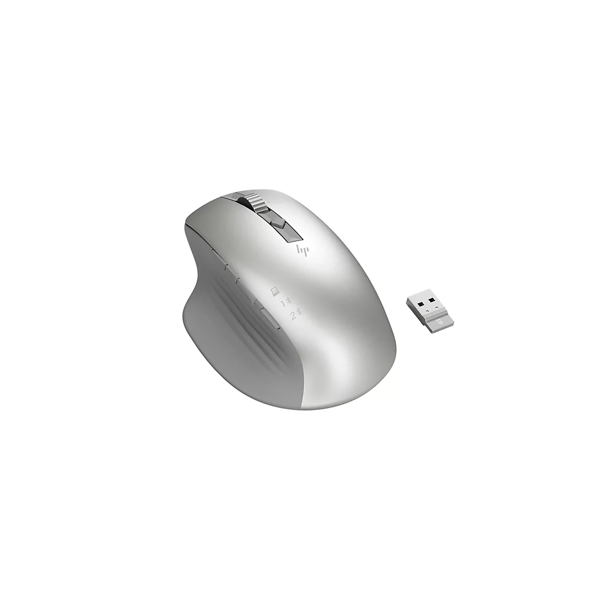 Silberne kabellose Maus mit USB-Empfänger auf weißem Hintergrund. Maus mit Scrollrad, Markenlogo und Seitentasten.