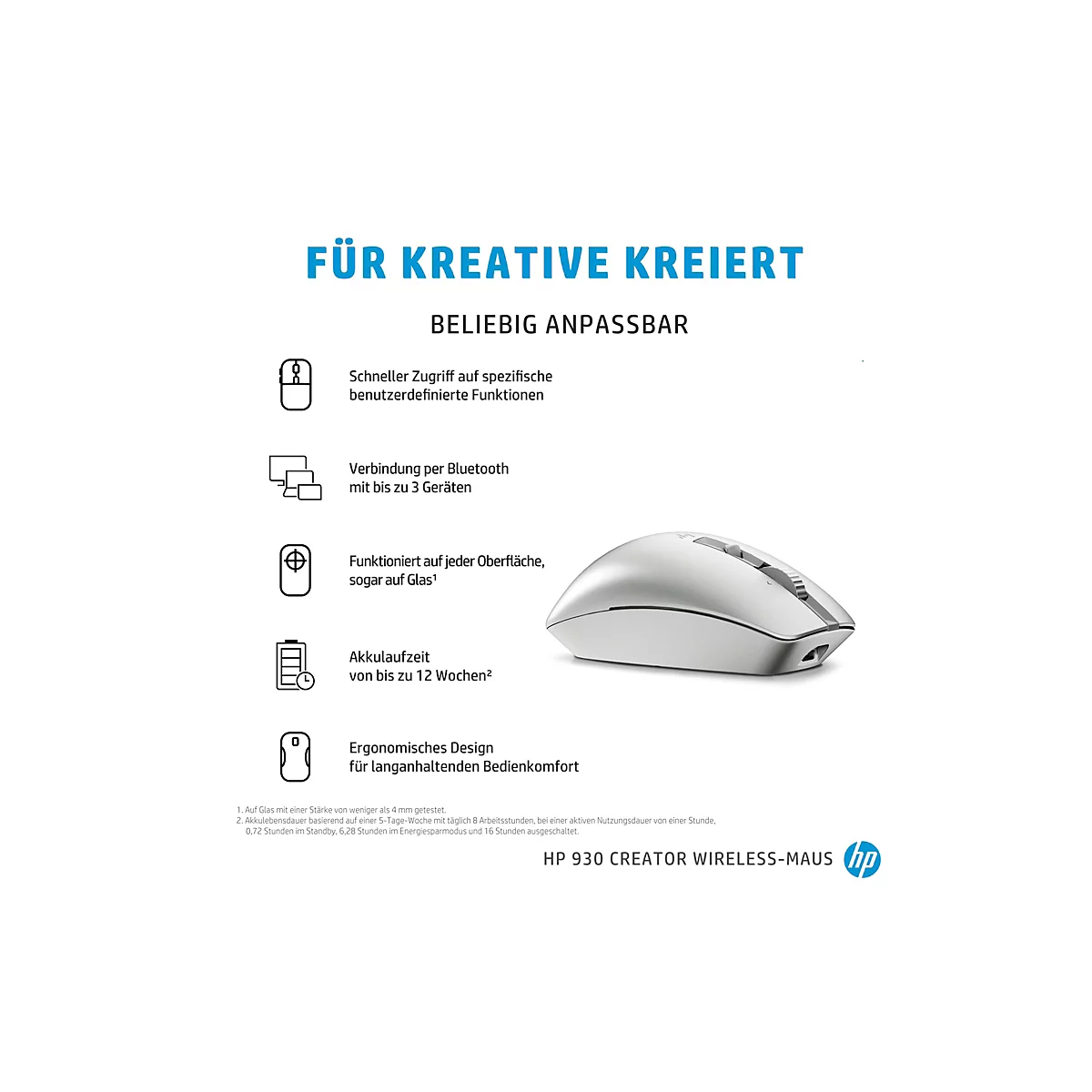 Eine weiße, silberfarbene HP 930 Creator Wireless-Maus, links im Bild. Über der Maus der Text: „FÜR KREATIVE KREIERT“. Darunter Icons und Texte zu den Funktionen der Maus.