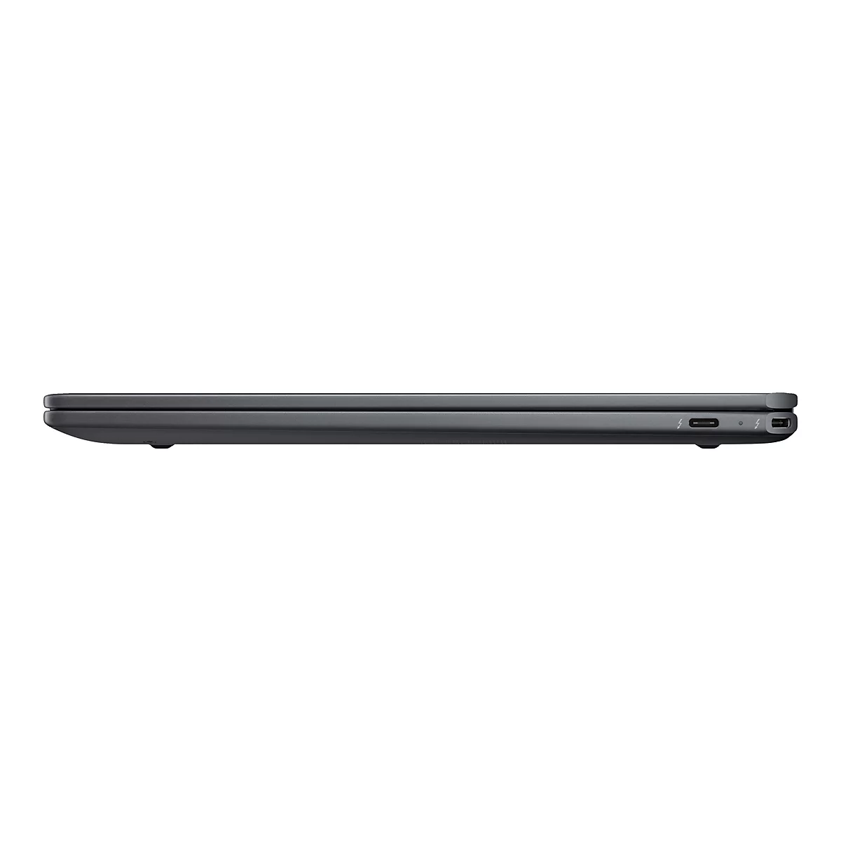 Geschlossener Laptop im Profil, dunkelgrau. Anschlüsse deutlich sichtbar.