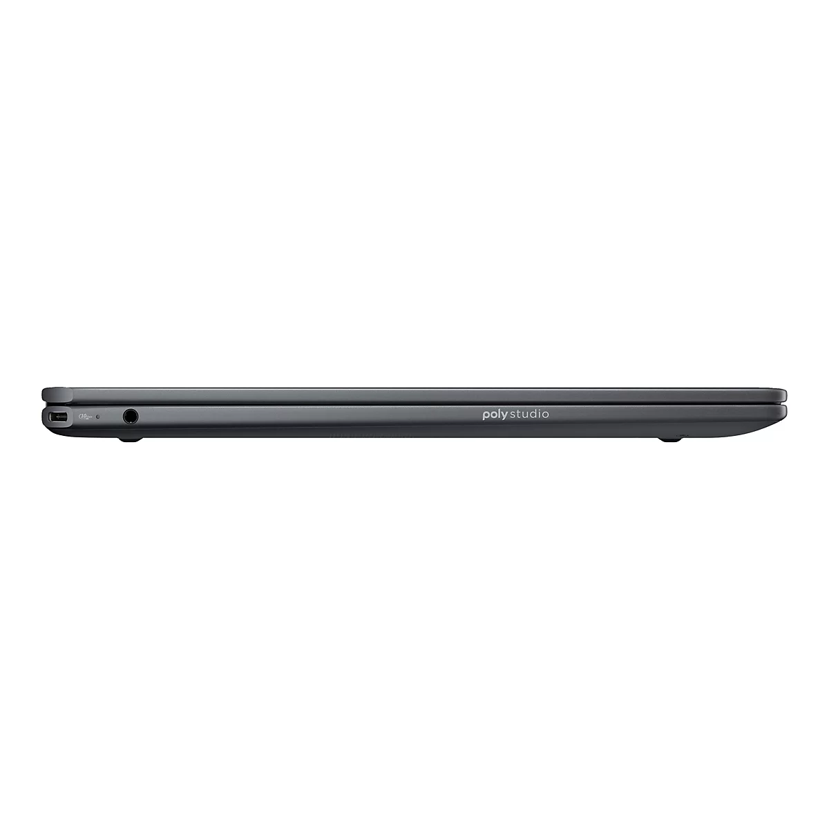 Dunkelgraues Laptop, Seitenansicht, mit Anschlüssen und „poly studio“-Schriftzug.