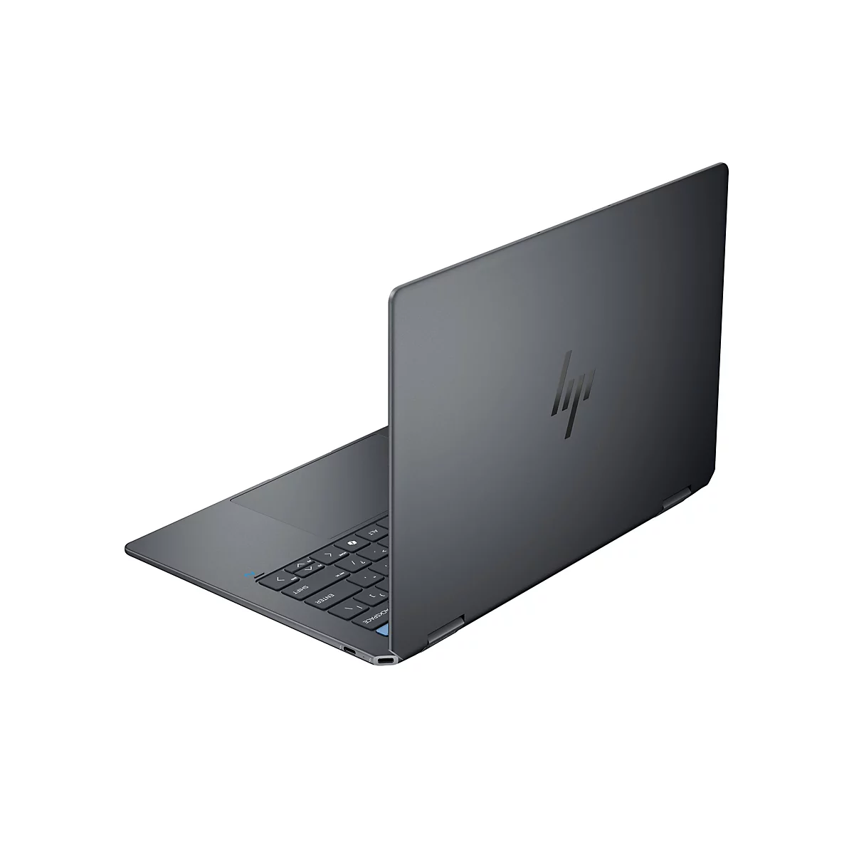 Dunkelgraues Laptop, halb geöffnet. Das HP Logo ist auf dem Deckel deutlich sichtbar.