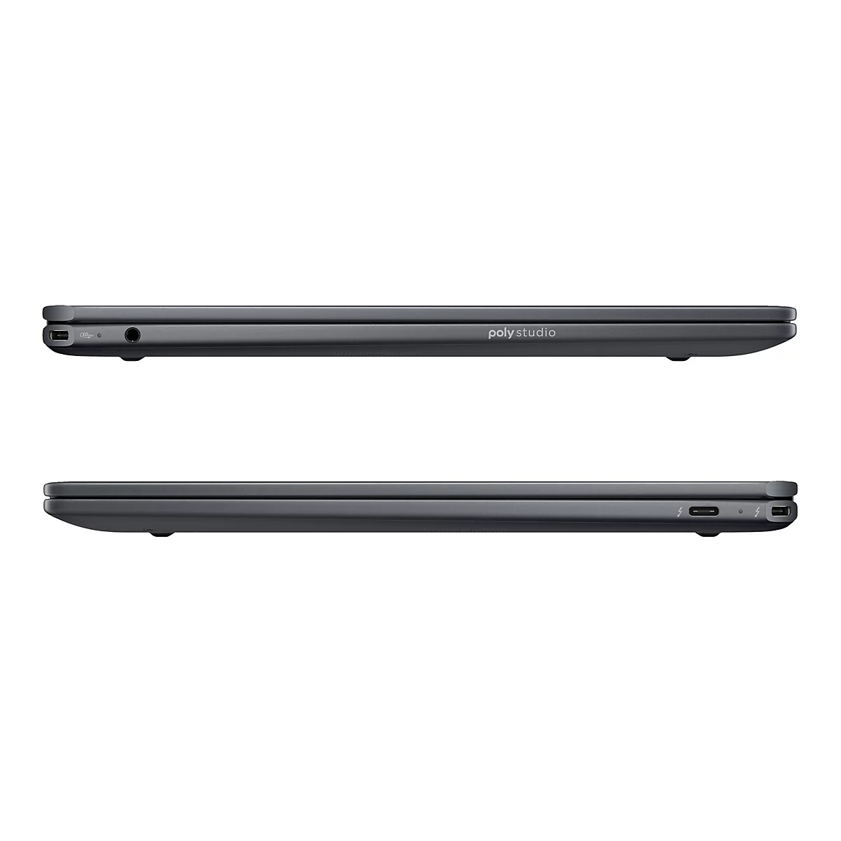 Zwei Ansichten eines anthrazitfarbenen Laptops. Oben: Schriftzug "poly studio", seitlich gesehen. Unten: Anschlüsse und Logo.