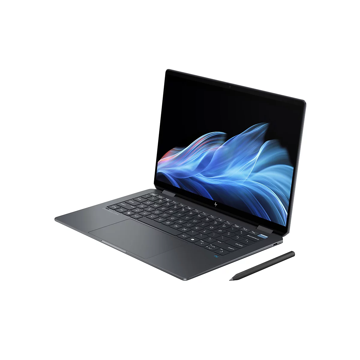 Graues HP Omnibook Ultra Laptop mit geöffnetem Display und Eingabestift auf weißem Hintergrund. Der Bildschirm zeigt ein abstraktes, blau-rotes Muster.
