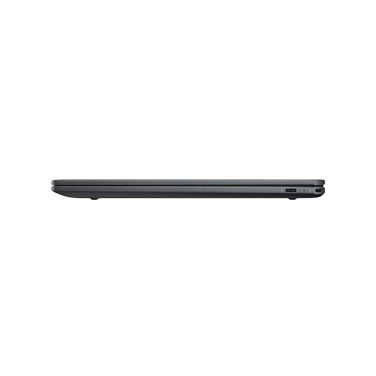 Dunkelgraues Laptop-Profil; seitlich gesehen. Zwei USB-C-Anschlüsse.