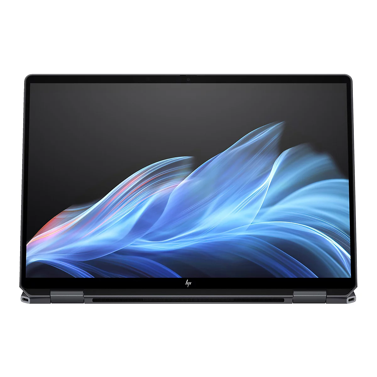 Ein schwarzes HP Laptop mit einem Bildschirm, der blaue, fließende Formen zeigt. Unten steht das HP-Logo.