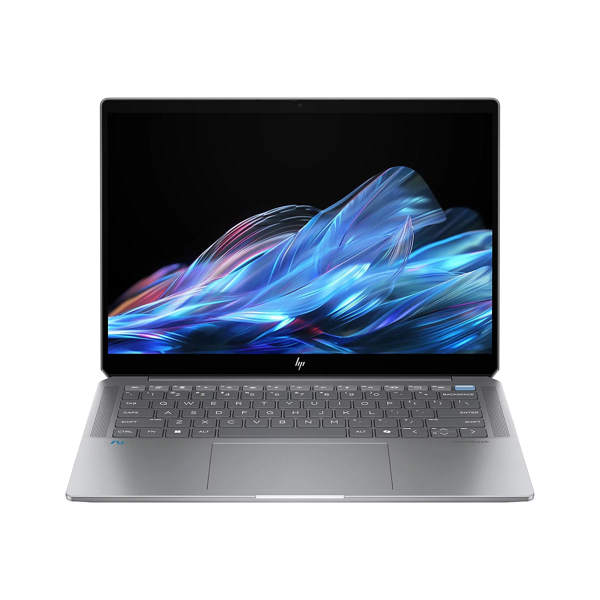 Ein silberner Laptop mit geöffnetem Bildschirm. Auf dem Display leuchtet ein abstraktes, blau-violettes Muster. Die Tastatur hat graue Tasten mit weißer Beschriftung. Das Logo des Herstellers befindet sich unter dem Bildschirm.
