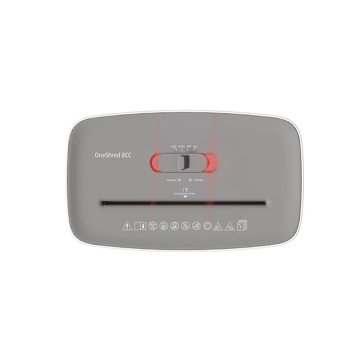 A grey paper shredder, with red switch and the inscription OneShred BCC.