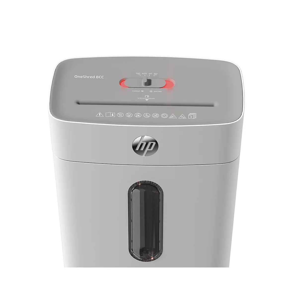 Gray paper shredder with HP logo. Paper input, control lights, viewing window.