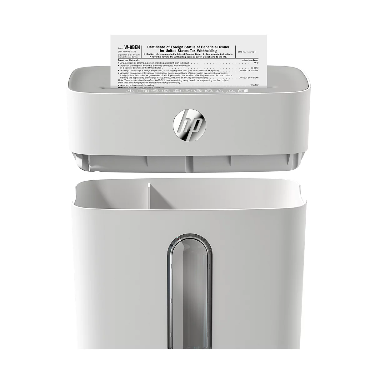 White paper shredder with HP logo, paper being shredded. The compartment below is visible for shredded paper.