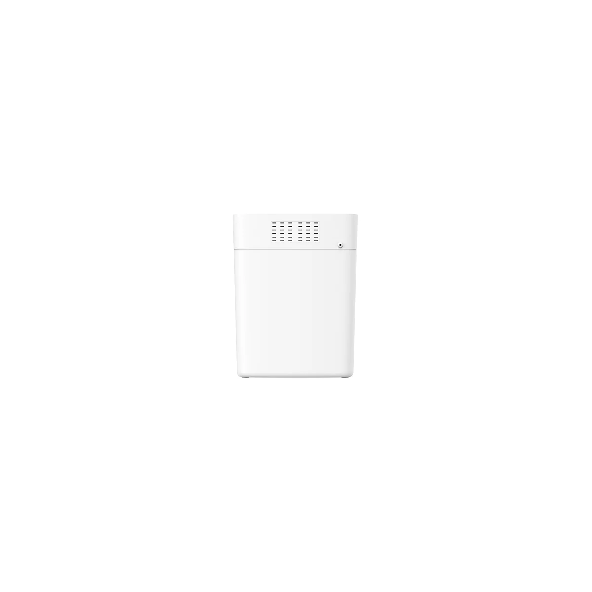 White, rectangular device with ventilation slots and a small hole.