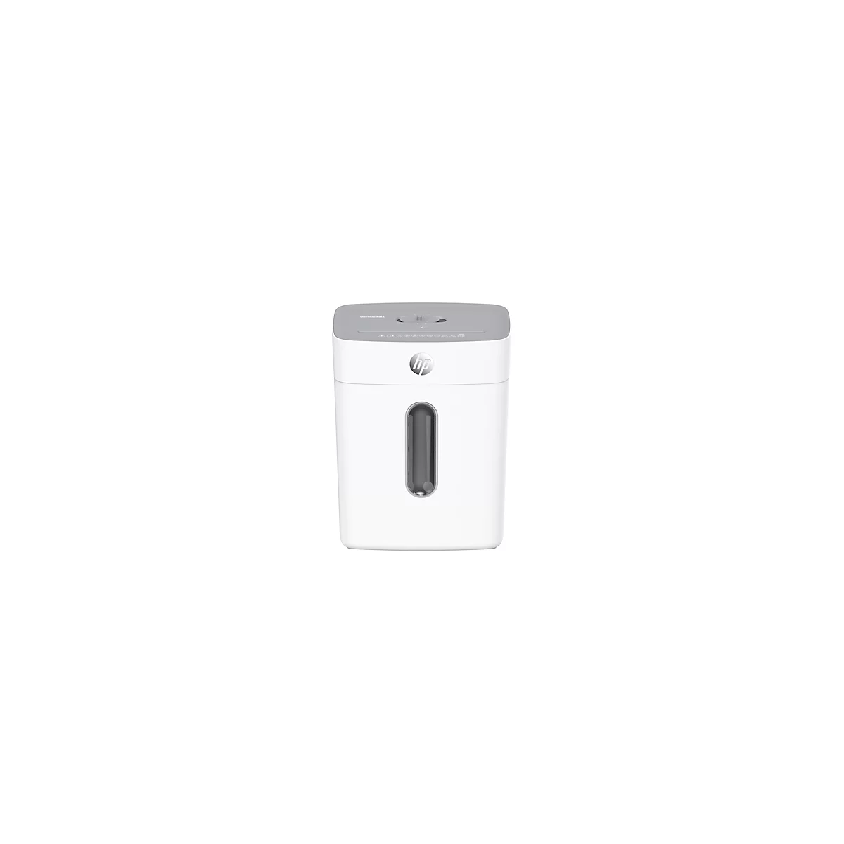White paper shredder with gray lid and viewing window. Top lettering and HP logo.
