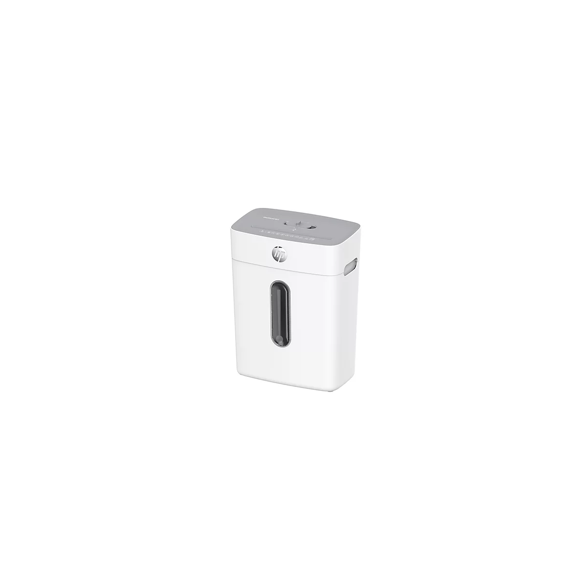 White HP paper shredder with gray lid and viewing window.