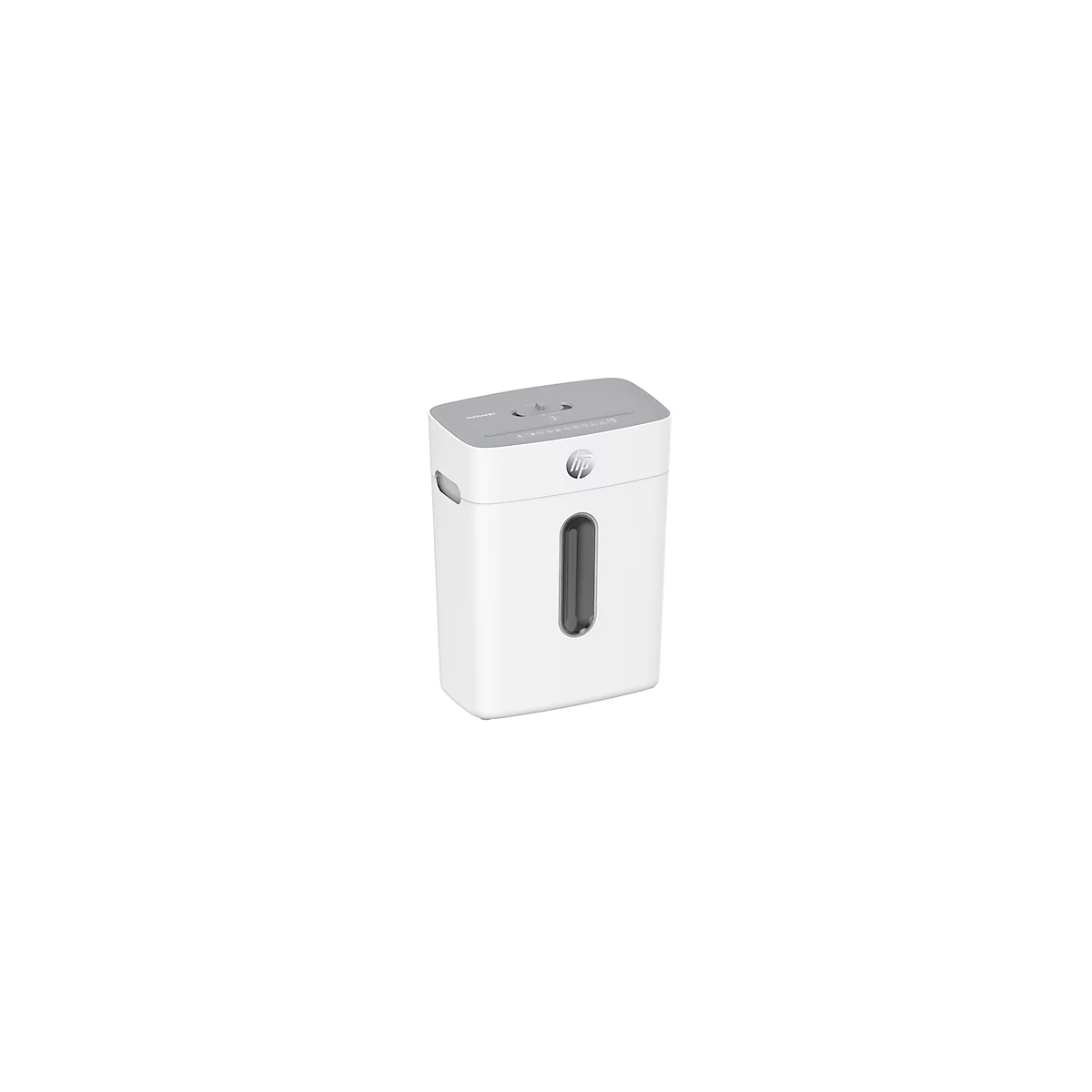 White paper shredder with grey lid. The HP logo is clearly visible.