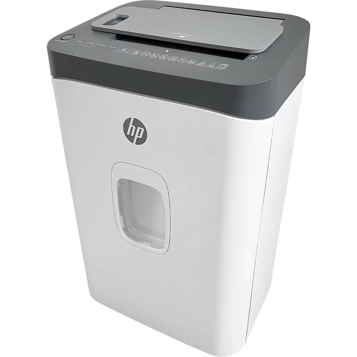 White paper shredder with gray top and HP logo. Viewing window for wastebasket level.