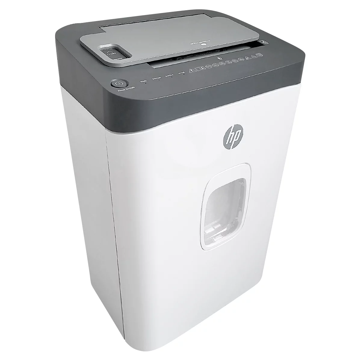 White paper shredder with gray lid and HP logo. On/Off button and feed slot are on top.