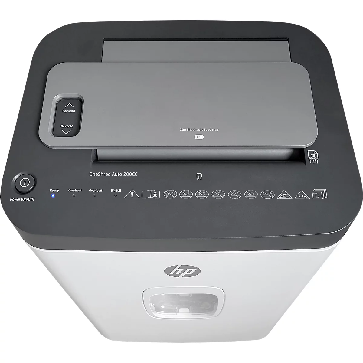 White and dark grey paper shredder with a top-loading input slot, HP logo, and control panel with indicator lights.