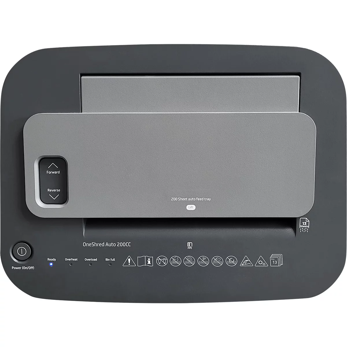 Paper shredder with grey lid and controls. Black frame, top says One Shred Auto 200CC.