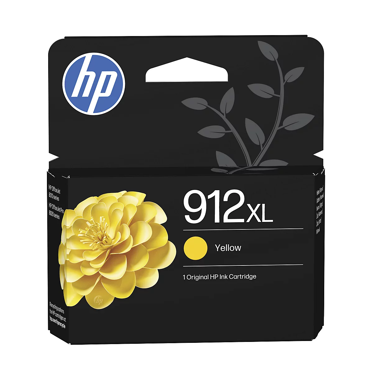 Gelbe HP 912XL Tintenpatrone in schwarzer Originalverpackung mit Blumenmotiv.