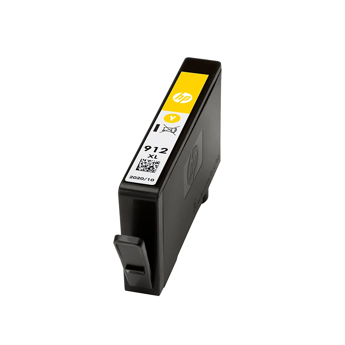 Gelbe HP 912XL Druckerpatrone vor weißem Hintergrund.