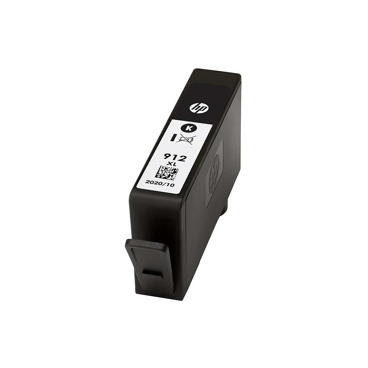 Schwarze HP 912 XL Tintenpatrone isoliert auf weißem Hintergrund.