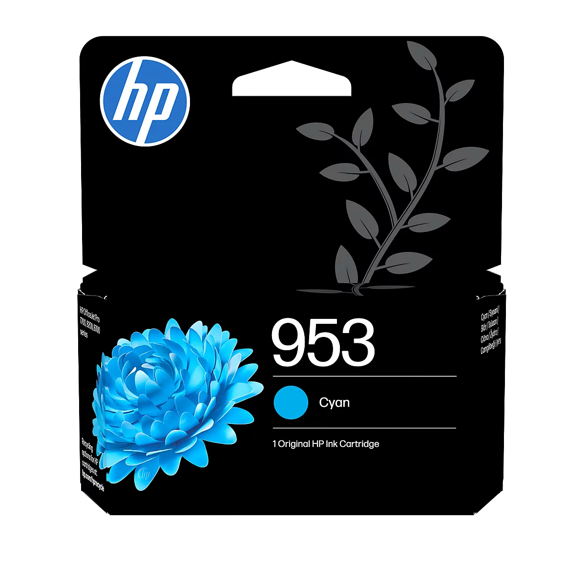 HP 953 Cyan Druckerpatrone in schwarzer Originalverpackung mit blauer Blumen-Grafik.
