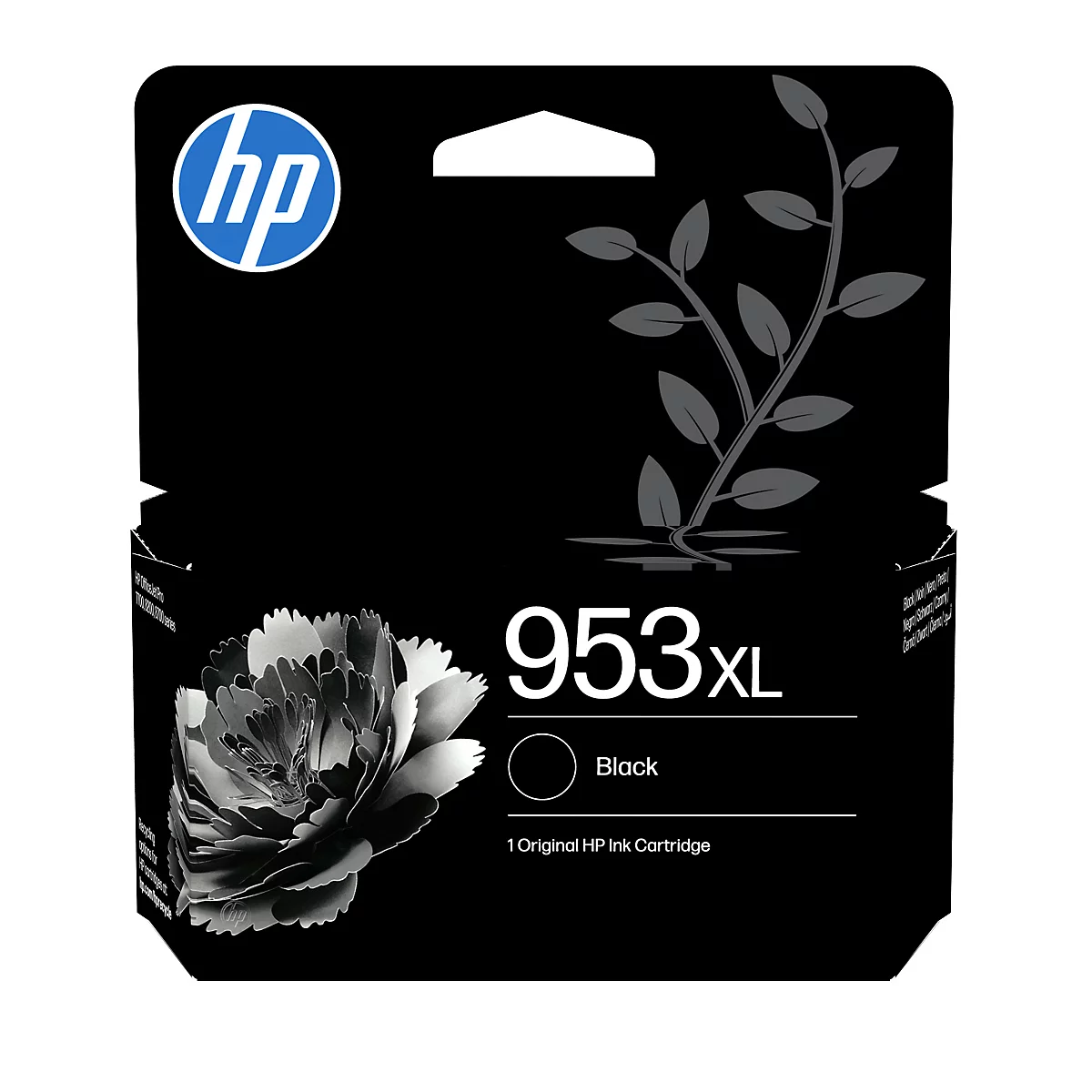 Schwarze HP 953XL Tintenpatronenverpackung mit Blumenmotiv und HP-Logo.