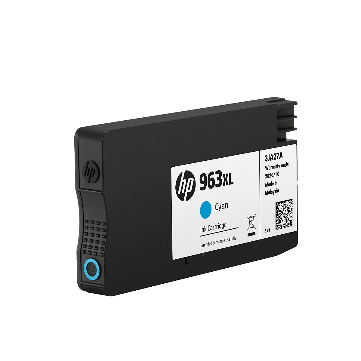 Schwarze HP 963XL Cyan Tintenpatrone vor weißem Hintergrund.