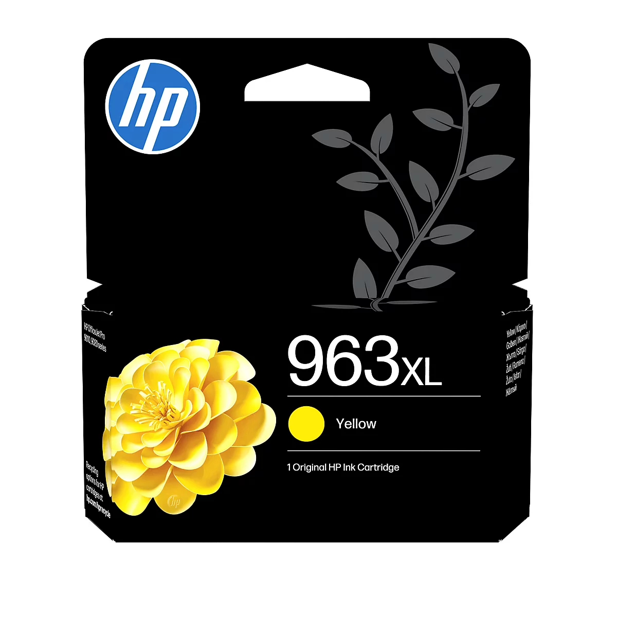 Original HP 963XL Gelb Tintenpatrone in schwarzer Verpackung mit gelber Blume.