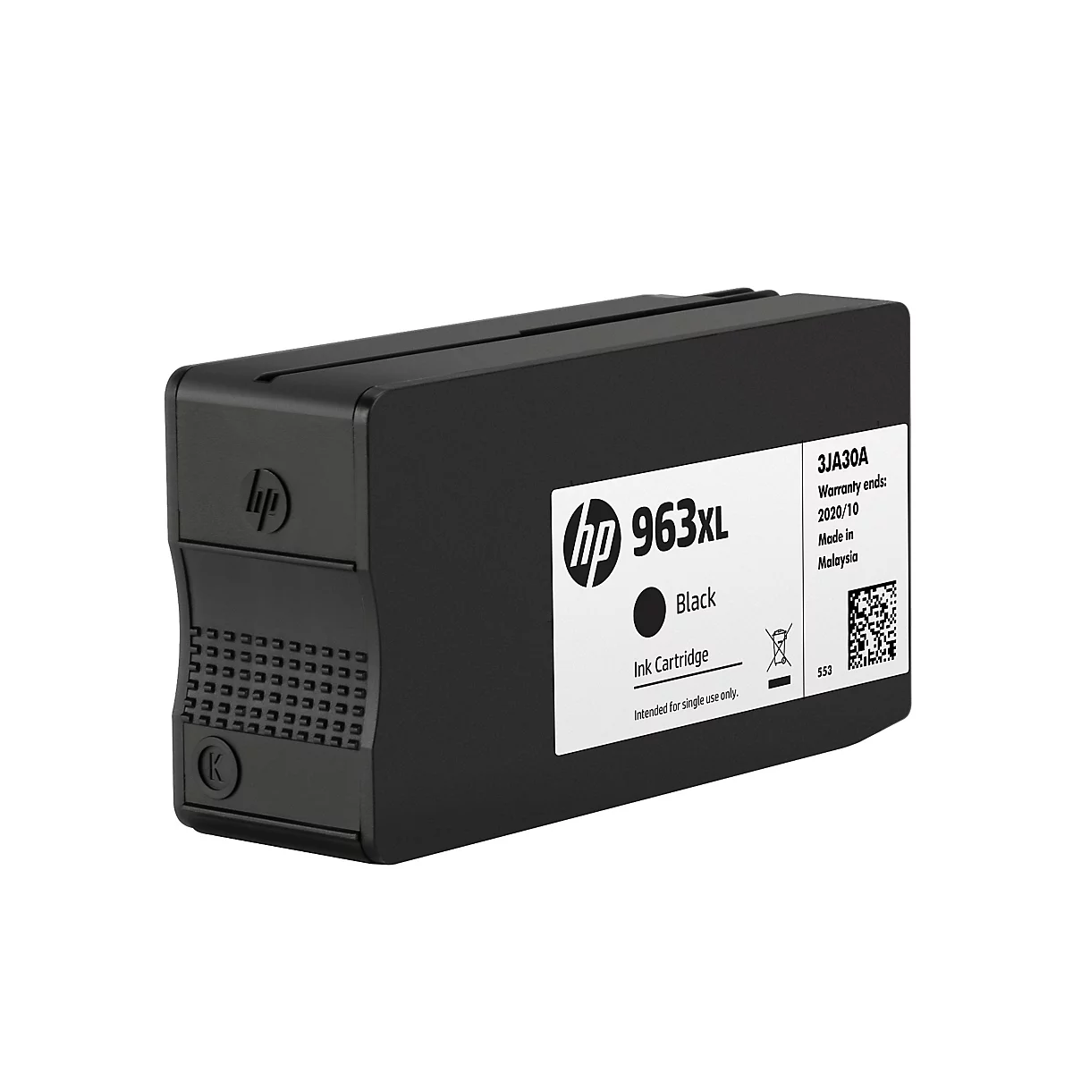 Schwarze HP 963XL Druckerpatrone vor weißem Hintergrund.