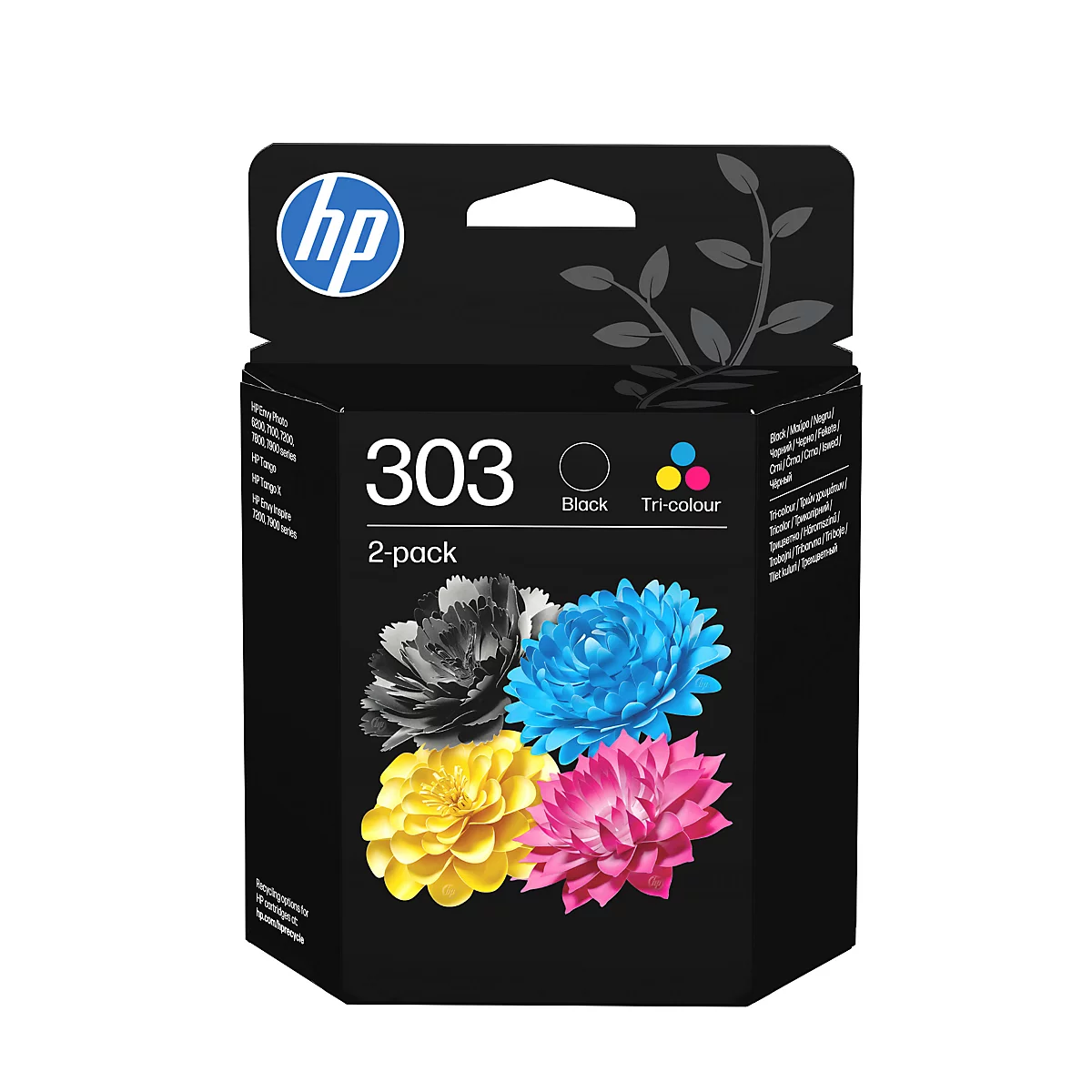 Verpackung eines HP 303 Druckerpatronen-Doppelpacks mit schwarzer und dreifarbiger Tinte.
