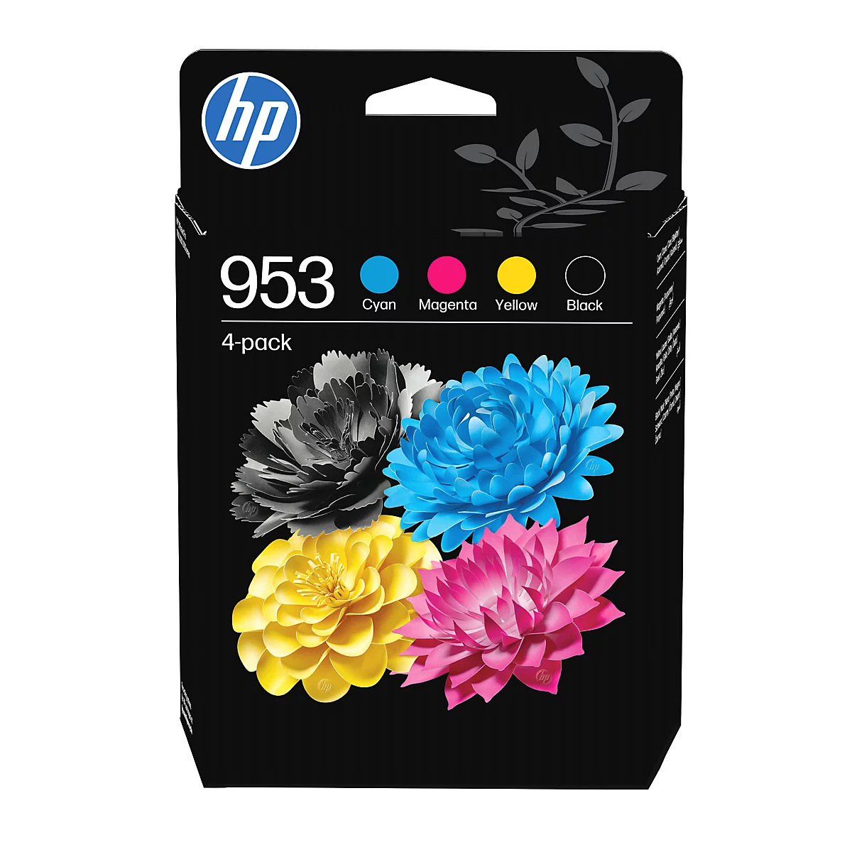 Schwarze HP 953 4-Pack Tintenpatronen-Verpackung mit vier bunten Blumen in Cyan, Magenta, Gelb und Schwarz.