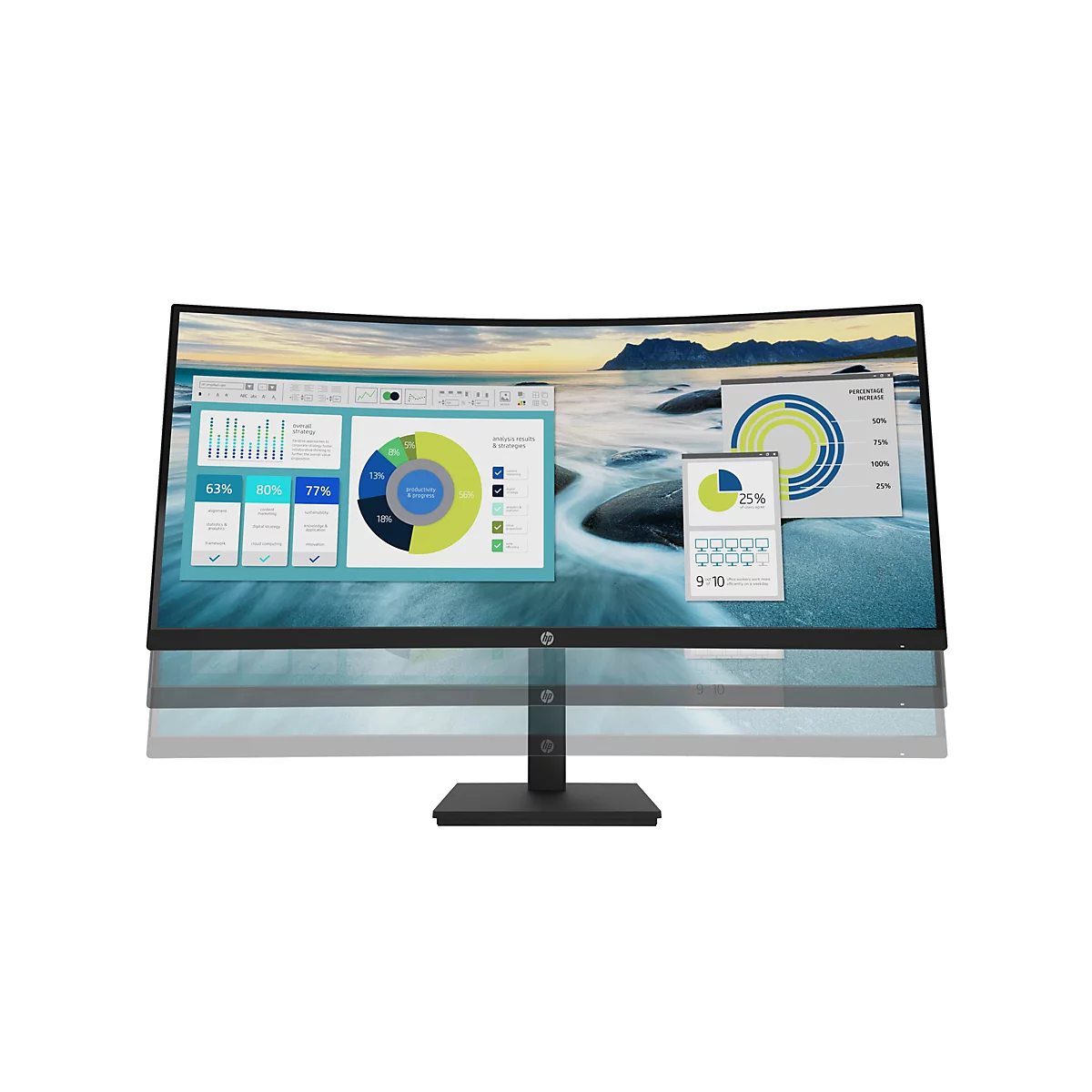 HP Curved-Monitor vor weißem Hintergrund mit Visualisierungen zur Höhenverstellbarkeit und Arbeitsstatistiken auf dem Display.