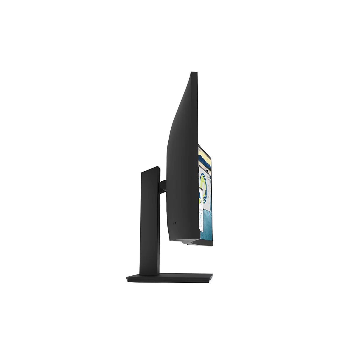 Seitliche Ansicht eines schwarzen, leicht gewölbten Computer-Monitors mit Standfuß vor weißem Hintergrund.