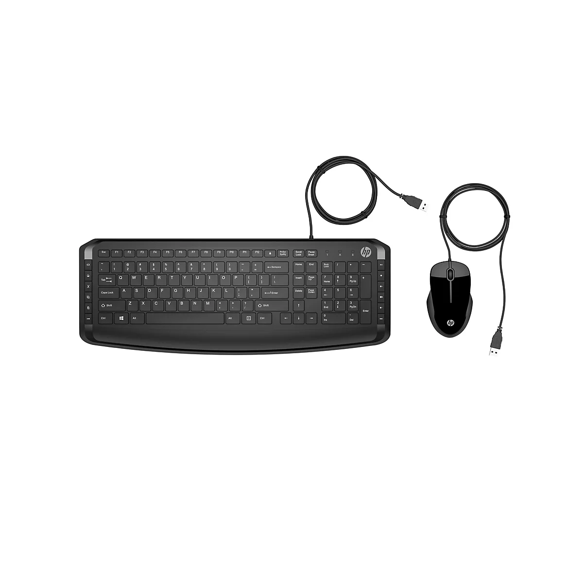 Schwarzes kabelgebundenes HP Tastatur- und Maus-Set vor weißem Hintergrund.