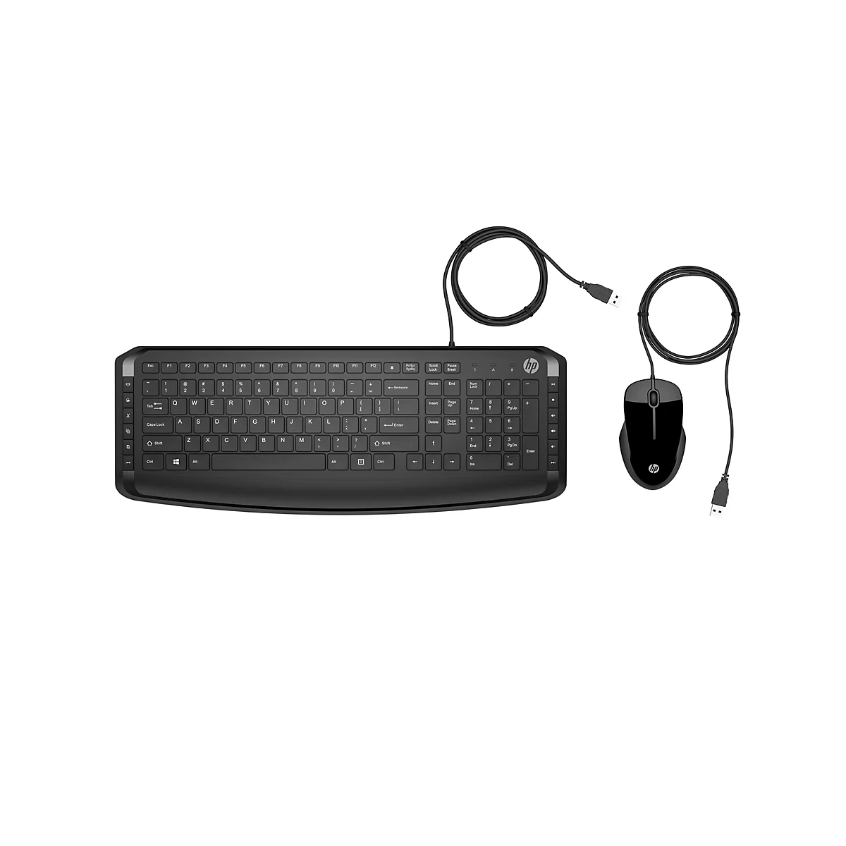 Schwarzes kabelgebundenes HP Tastatur- und Maus-Set vor weißem Hintergrund.